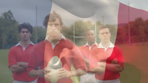 Digitální Složený Multietnického Rugby Tým Stojí Poli Při Pohledu Fotoaparát — Stock video