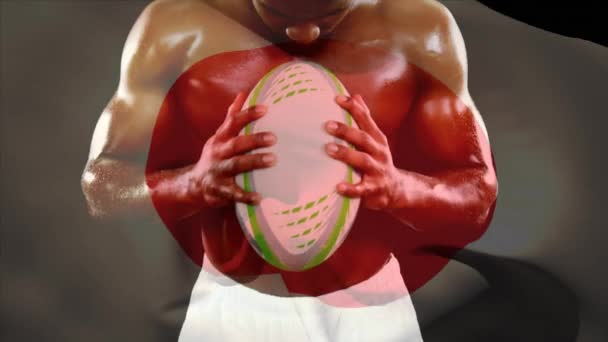 Digitale Composiet Van Knappe Shirtless African American Mannelijke Rugbyspeler Holding — Stockvideo