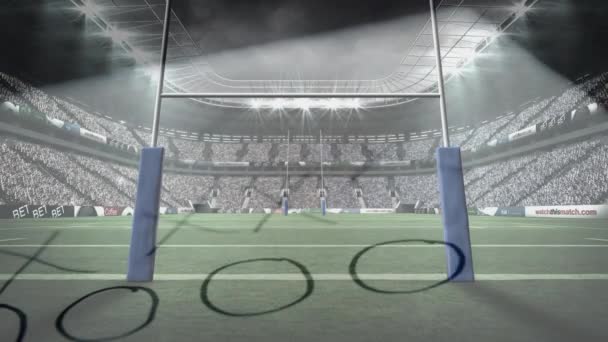 一个充满支持者的橄榄球体育场的数字组合 前景上有一份战略文件和哨子 — 图库视频影像