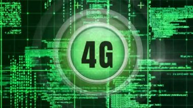 Düğme üzerindeki 4g logolu bir bilgisayar analizi arka planda verileri tam dijital animasyon