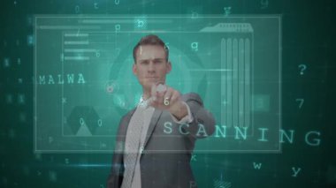 Dijital dokunmadan futuristik ekran yakışıklı beyaz işadamı bileşkesi