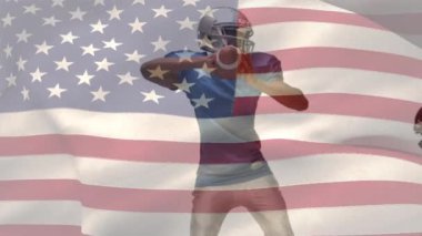 Dijital bileşik arka plan üzerinde Amerikan bayrağı ile Afrikalı Amerikalı oyun kurucu kaplama beyaz Amerikan futbolu oyuncusu