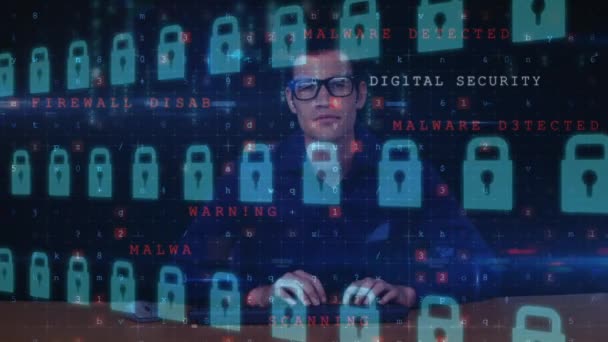 Digitální Složený Hezký Kavkazských Mužů Hackerské Bezpečnostního Softwaru Visacím Zámkem — Stock video