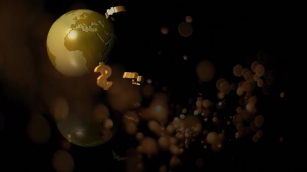 Digitális Kompozit Globe Forgó Arany Pénznemek Esik Padló Fekete Háttér — Stock videók