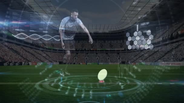 Digitales Zusammenspiel Eines Rugbyspielers Der Einen Ovalen Ball Mit Digitaler — Stockvideo