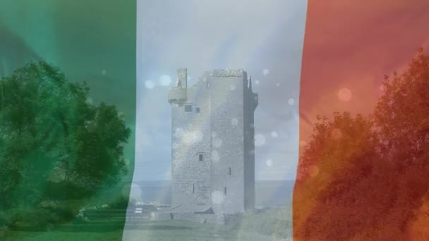 Digital Composite Medieval Castle Standing Land Irish Flag Waving Foreground — Stock Video