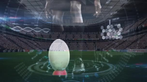 Digital Komposit African American Rugbyspelare Sparkar Bollen Full Fotbollsarena — Stockvideo