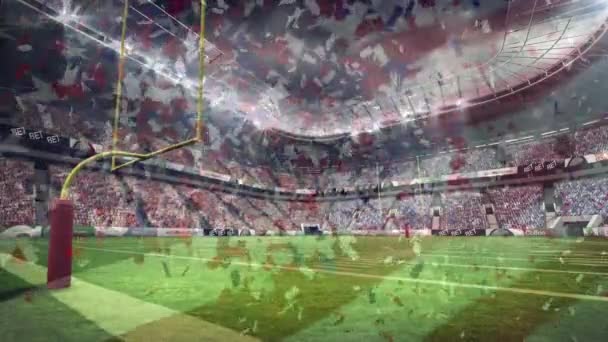 美国足球场的数字组合与美国国旗和红色蓝色五彩纸屑雨下降的前景 — 图库视频影像