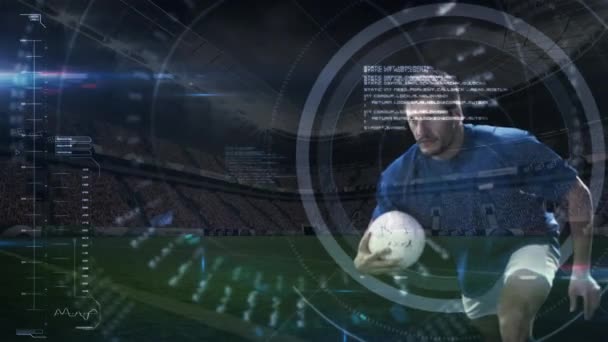 전경에서 애니메이션 디지털 뷰파인더로 경기장에 다이빙 잘생긴 선수의 디지털 — 비디오