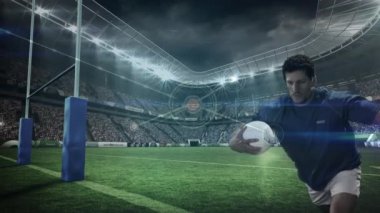 Büyük bir stadyumda hayranları ön ışık bağlantıları ile tam puanı için dalış bir rugby oyuncusu dijital bileşik 