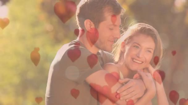 Cheerful Couple Hugging Park Illustration Hearts — Stock Video