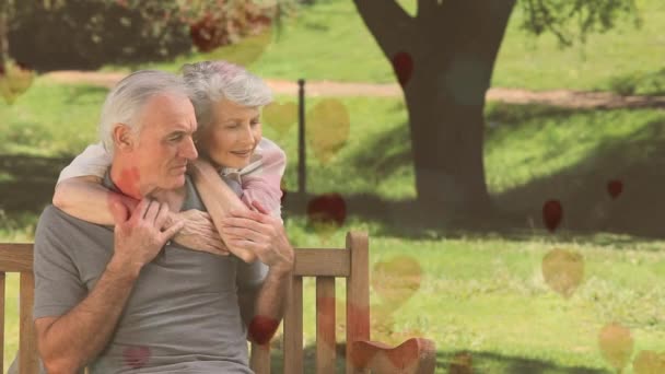 Vorderansicht Eines Glücklichen Seniorenpaares Das Auf Einer Bank Park Sitzt — Stockvideo
