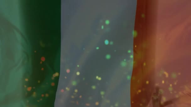 聖パトリックの日の前景に飛んでカラフルな紙吹雪を背景に手を振っているアイルランドの旗に対して立ってビール パイントのデジタル合成 — ストック動画