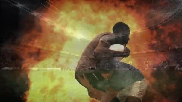 Digitalkomposition Eines Rugbyspielers Der Einen Weiteren Rugbyspieler Mit Feuer Und — Stockvideo