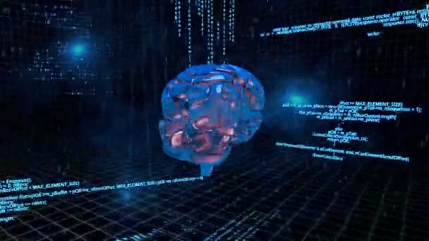 Цифровой Композитный Мозг Вращается Против Синих Двоичных Кодов Черном Фоне — стоковое видео