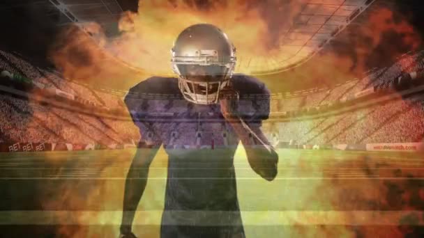 Kızgın Amerikan Futbolu Oyuncusu Onu Arkasında Yangın Ile Dolu Stadyumda — Stok video