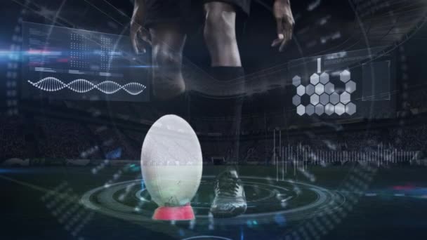 Digitales Zusammenspiel Von Rugbyspieler Der Einen Ball Zeitlupe Schießt Mit — Stockvideo