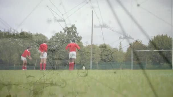 Animation Eines Kaukasischen Rugbyspielers Der Den Ball Zwischen Die Pfosten — Stockvideo