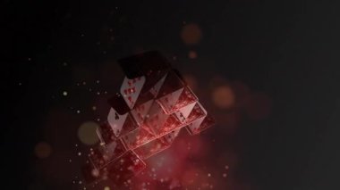 Kırmızı ve turuncu pul karanlık bir arka plan ile karanlık bir arka plan üzerine çöken bir kart piramit dijital bileşik 