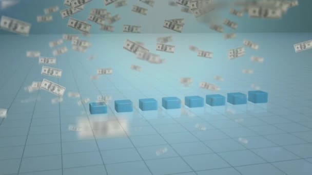 Цифровая Анимация Растущей Планшетной Диаграммы Цифровом Полу Улетающими Анимированными Банкнотами — стоковое видео