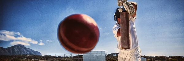 Full Längd Slagman Spela Cricket Planen Mot Blå Himmel Solig — Stockfoto