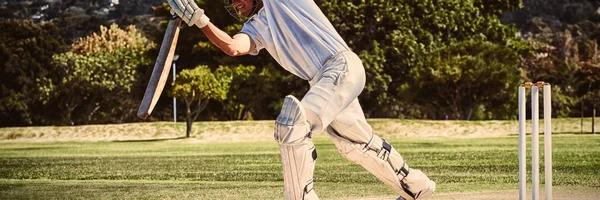 Güneşli Gün Boyunca Sahada Oynayan Kriket Oyuncusu Tam Uzunlukta — Stok fotoğraf