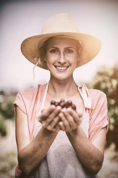 Portret Van Vrouwelijke Boer Bedrijf Rode Druiven Wijngaard Glimlachend — Stockfoto