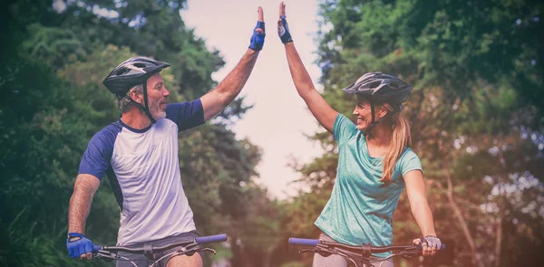 Heureux Couple Athlétique Donnant Cinq Tout Vélo Sur Route — Photo