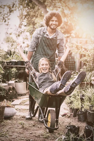 Portret Van Vrolijke Man Kruiwagen Rit Geven Aan Vrouwelijke Tuinman — Stockfoto