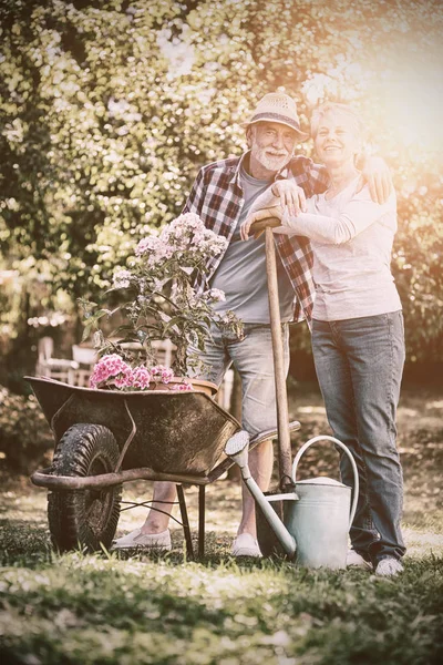 Ritratto Coppia Anziana Che Giardinaggio Giardino Una Giornata Sole — Foto Stock