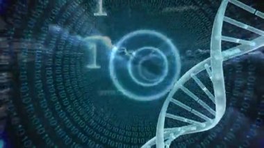 İkili kodlarının ikili kodları dijital bir tünel ile karanlık bir arka plan karşı düşen ile dönen bir Dna molekülünün dijital animasyon yapılmış