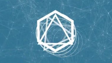 Mavi bir arka plan bağlı satır tam üzerinde dönen ve hareket eden dijital olarak oluşturulan geometrik şekiller