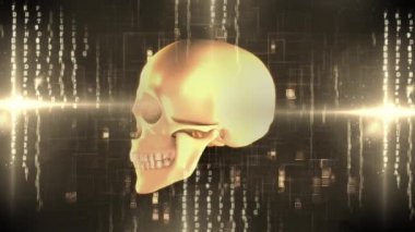 Mektubu kodları ve koyu arka plan üzerinde ışık efektleri ile dönen bir insan kafatası dijital animasyon