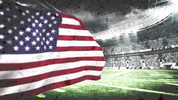 Digital Composite Confetti Falling Field While American Flag Waves Full — Stock Video