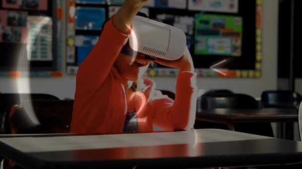 Front View Mixed Race Schoolgirl Wearing Virtual Reality Headset Classroom — Stock Video