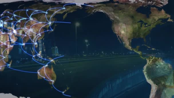 線や前景に高速道路で高速運転車によって接続されている場所を世界地図のデジタル合成 — ストック動画