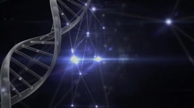 Mor ışık bağlantıları ile karanlık bir arka plan karşı dönen bir Dna molekülünün dijital animasyon