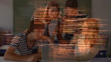 Digital composite of group of multi ethnic students working on computer while orange colored data moves on the foreground in classroom at school