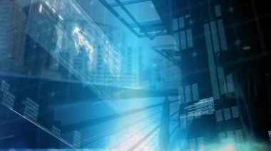 Fütüristik ekranın ön plan şehirde yelken tekne karşı hareket dönen Küre ve ikili kod projelendirme dijital bileşik.