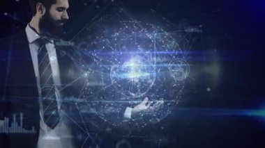 Dijital dünya veri bağlantıları koyu arka plan üzerinde çevrili iplik holding beyaz işadamı dijital bileşik