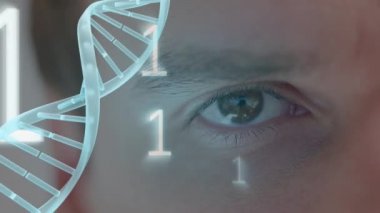 Erkek göz ekran ve Dna sarmalının düşen ikili kod açılarak dijital bileşik