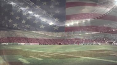 Futbol Stadyumu destekçileri ve Amerikan bayrağı sallayarak ön plan üzerinde tam dijital bileşik.