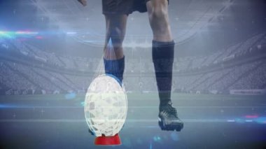 Futbol topu tam Stadyumu kapalı geliyor animasyonlu cam kırıkları ile tekme rugby oyuncusu dijital bileşik