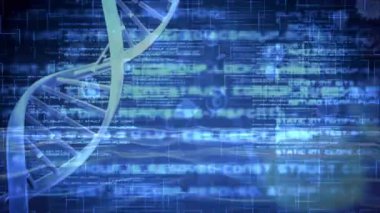 İkili kod mavi arka planı hareket ederken dijital animasyon Dna döndürme üretilen