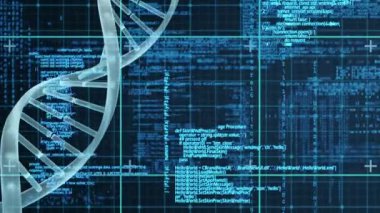 Dna ikili kodları ve ızgara desen dönen dijital bileşik arka plan üzerinde hareket eder.