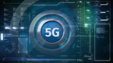 Dünya harita ve veri grafikleri ile tek bir düğmeye 5g logo ve grafikler ve arka plan üzerinde dijital bileşik