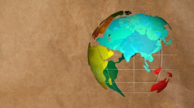 Renkli dünyanın etrafında dönen karton arka plan üzerinde dijital bileşik