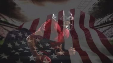 Futbol Futbol Stadyumu karşı ile çalışan ve Amerikan bayrağı sallayarak Afro-Amerikan futbolu oyuncusu dijital bileşik