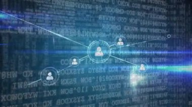 Koyu mavi zemin üzerine veri akışı karşı çizgilerle birbirine bağlanmış basit beyaz kişi simgelerin dijital bileşik