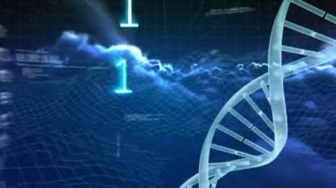 Dijital olarak büyük veri ve içinde belgili tanımlık geçmiş bulutlu gökyüzü ile 3d katta ikili kodları karşı Dna sarmalı eğirme animasyon